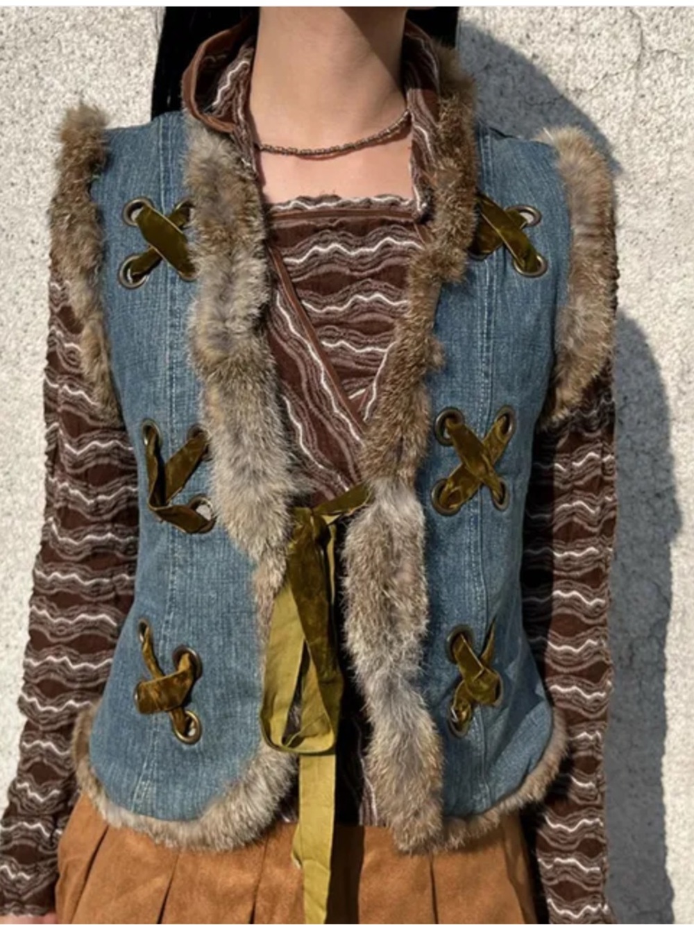 Vintage-Inspired Denim & Real Fur Vest in Blue and Brown